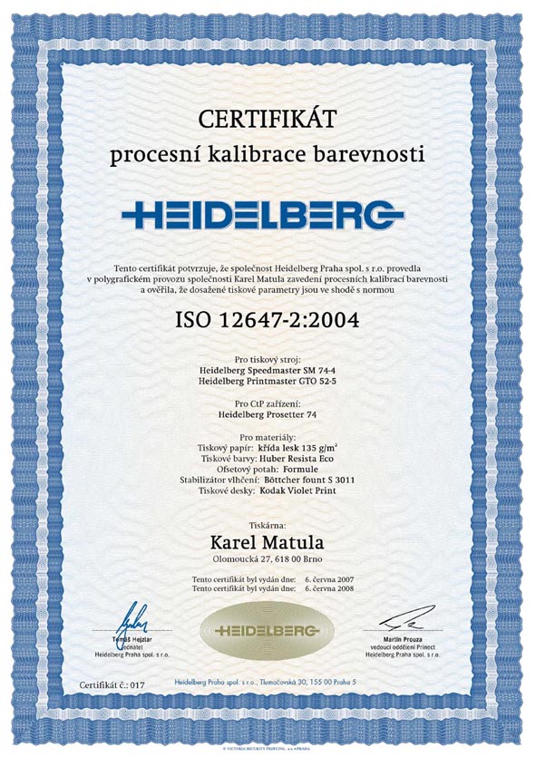 Certifikat procesni kalibrace dle normy ISO 12647-2